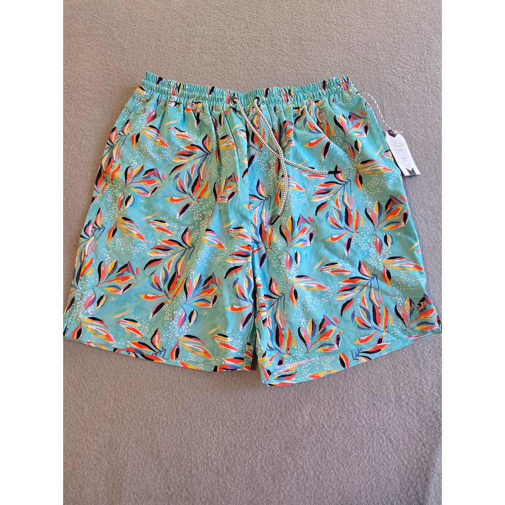 Coast Volley Swim Trunks Mens Large Turquoise Tropical Leaf‎ Print Mesh Lined